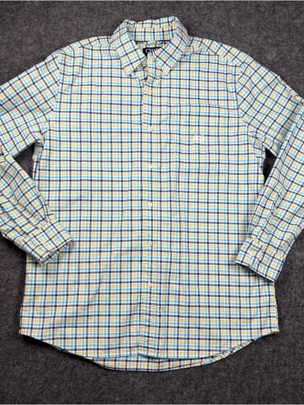Chaps Men’s Blue, Yellow and White Plaid Button-Down Shirt